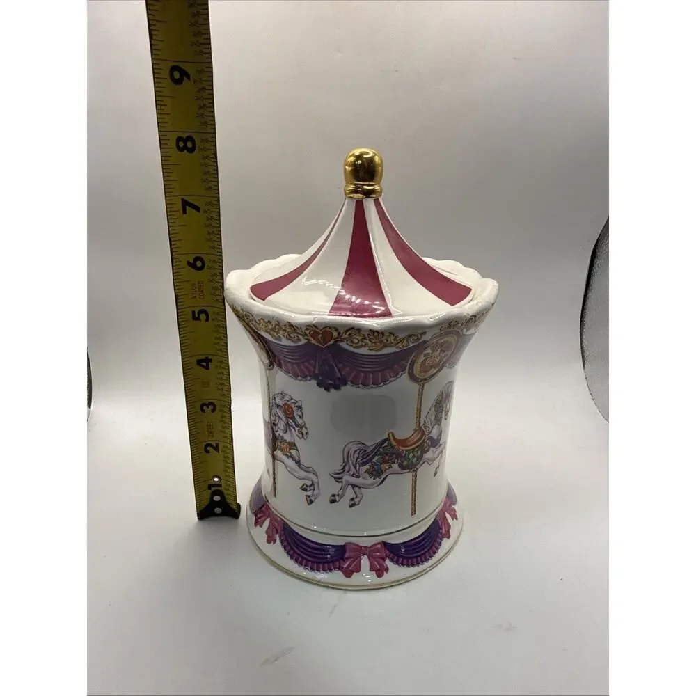 Telaflora 8” Horse Carousel Waltz MUSIC BOX Planter/Candy Dish w/Lid Holder *